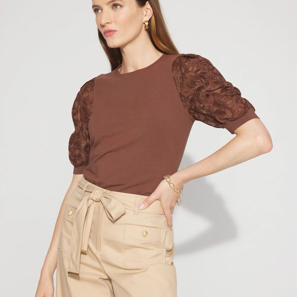 White House Black Market Brown Puff Sleeve Blouse